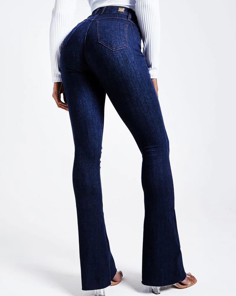 Jeans Ajustados de Tiro Alto Azul Oscuro con Levantamiento de Glúteos y Efecto Acampanado para Mujer, Pantalones Elásticos Modeladores