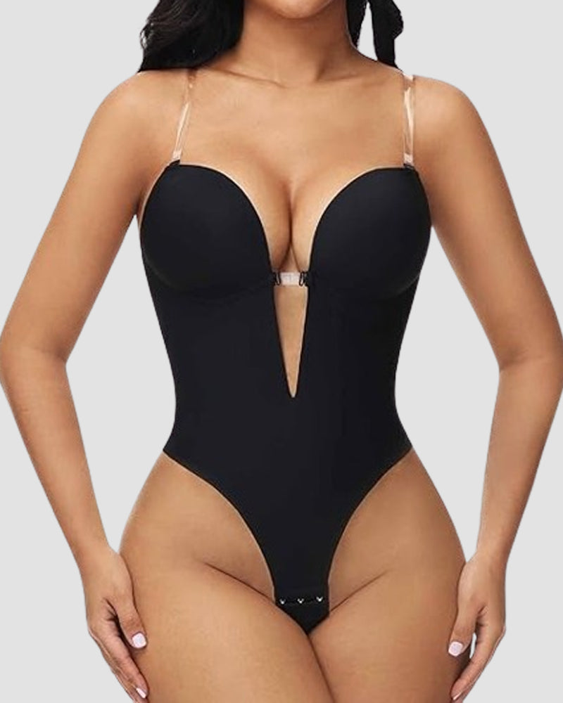 Body de escote profundo sin espalda, sin costuras, con sostén incorporado y tanga moldeadora