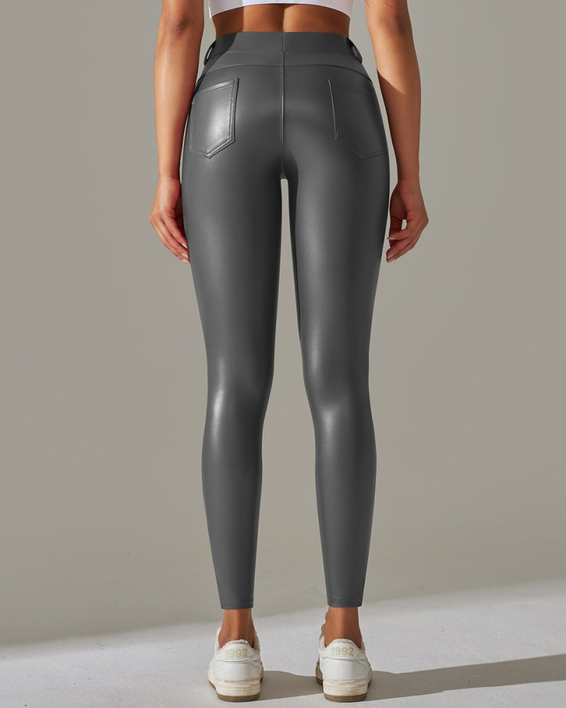 Pantalones de cuero PU de cintura alta ajustados para deportes y yoga slim