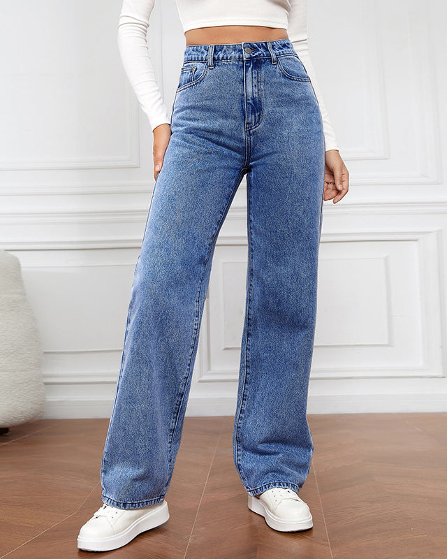 Jeans de tiro alto para mujer con cierre de cremallera y pierna recta