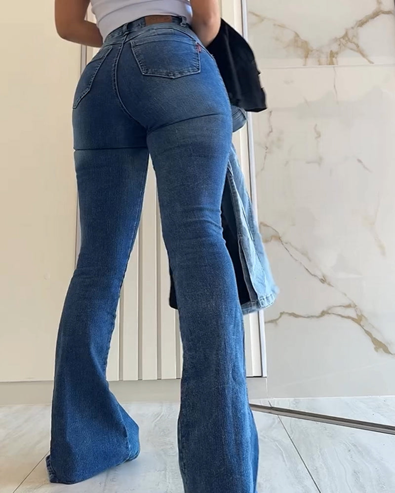 Jeans Shapshe® de Cintura Alta con Control de Abdomen, Corte Acampanado con Abertura y Largo hasta el Piso