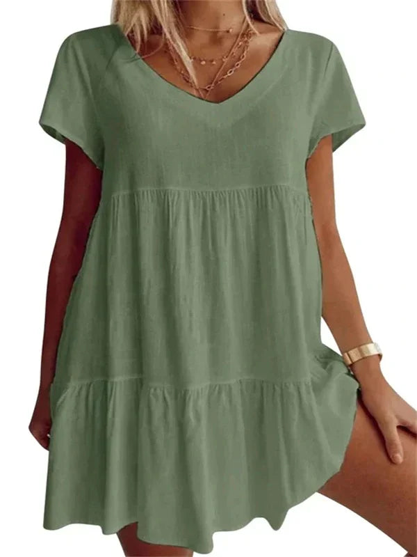 Vestido casual de manga corta con cuello en V