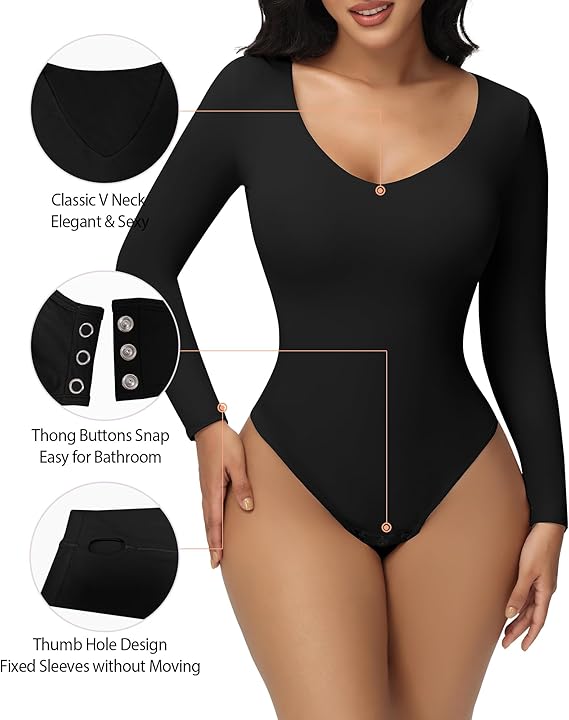 Shapshe® Bodysuits Femeninos Sin Costuras de Manga Larga con Escote en V, Control de Abdomen, Tanga, Moldeadores