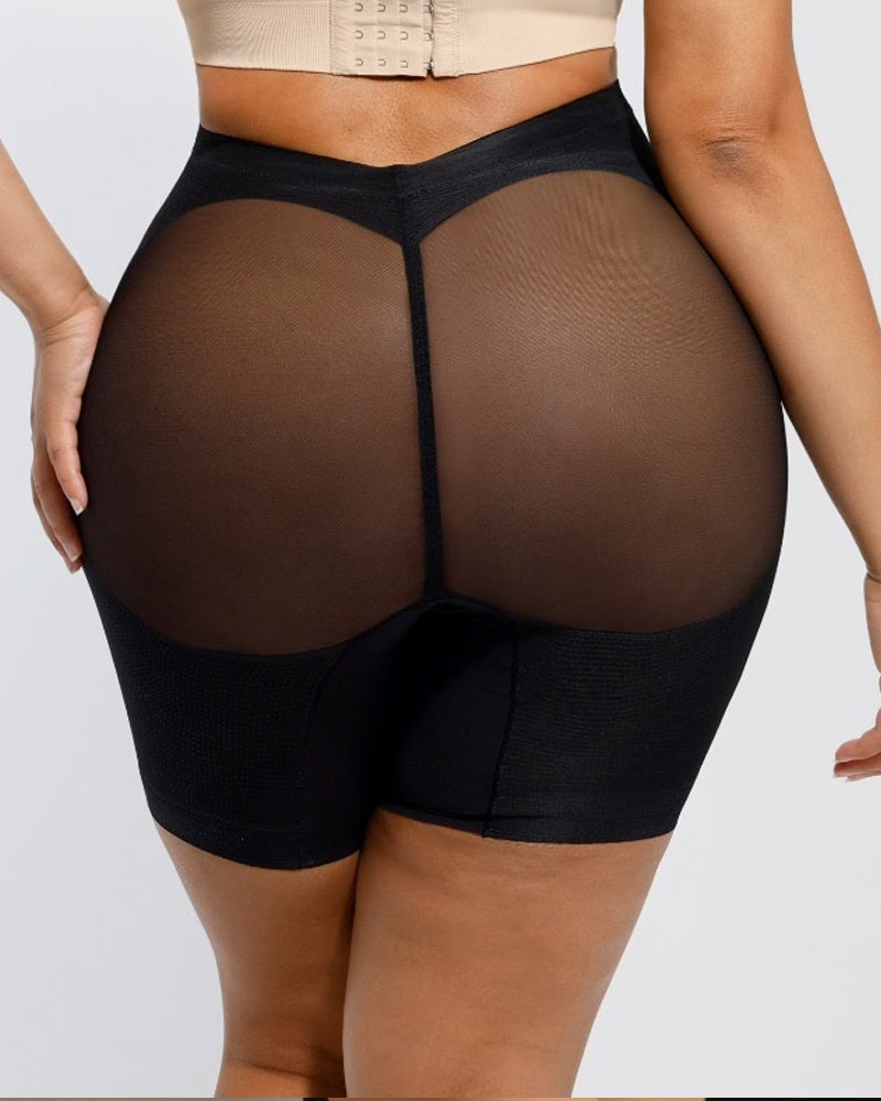 Shorts moldeadores de malla sin costuras para mujer, de cintura alta, reductor de muslos, ropa interior