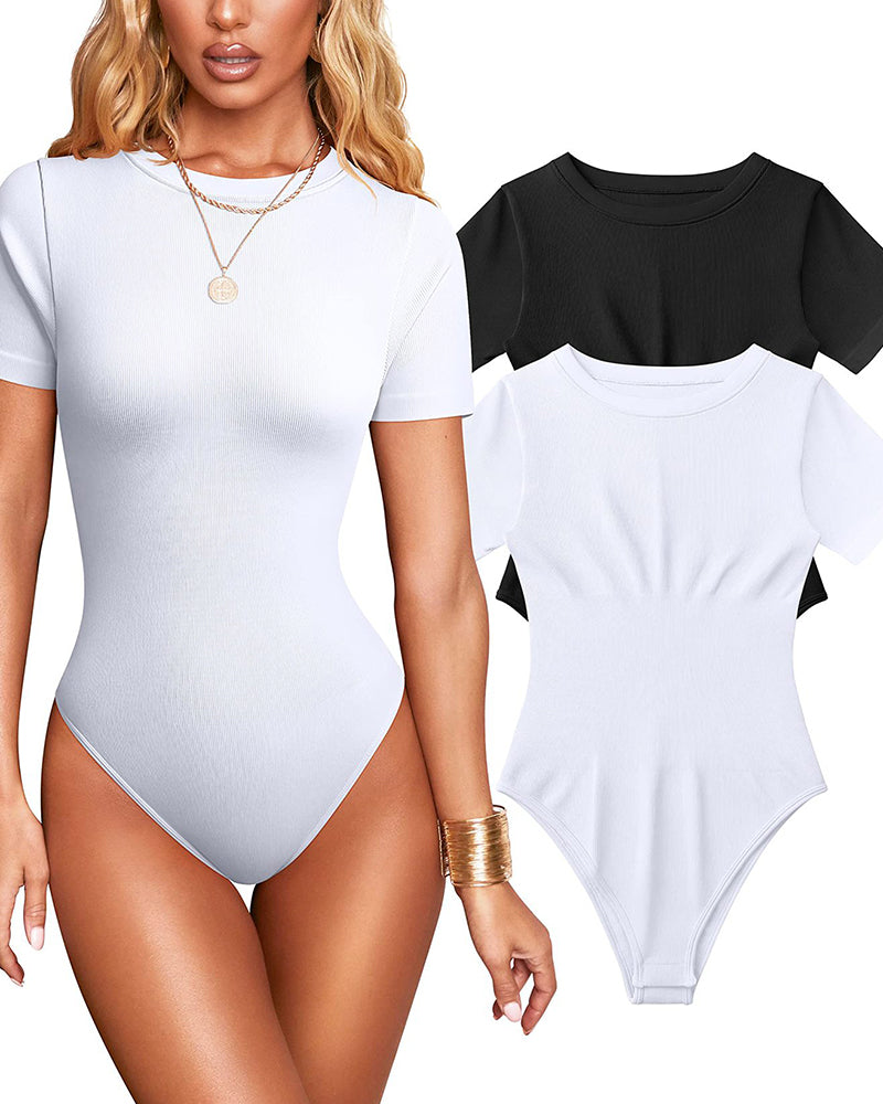Mujer Sexy Body de Tirantes Cortos con Cuello Redondo, Control de Abdomen y Diseño de Tanga de Punto Acanalado