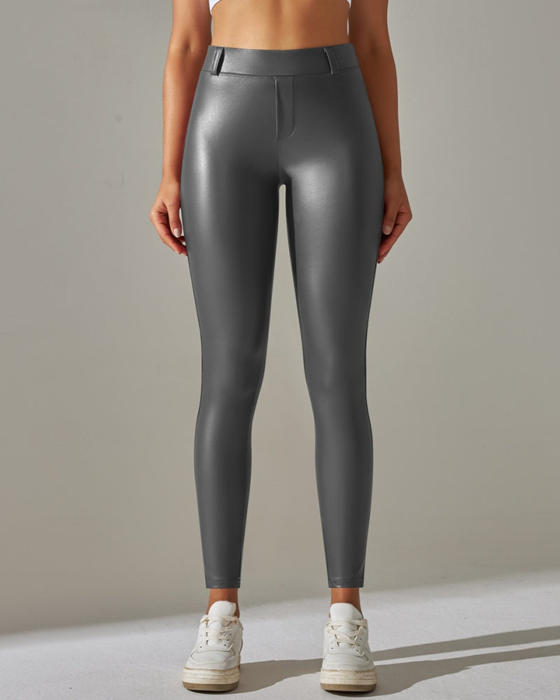 Pantalones de cuero PU de cintura alta ajustados para deportes y yoga slim