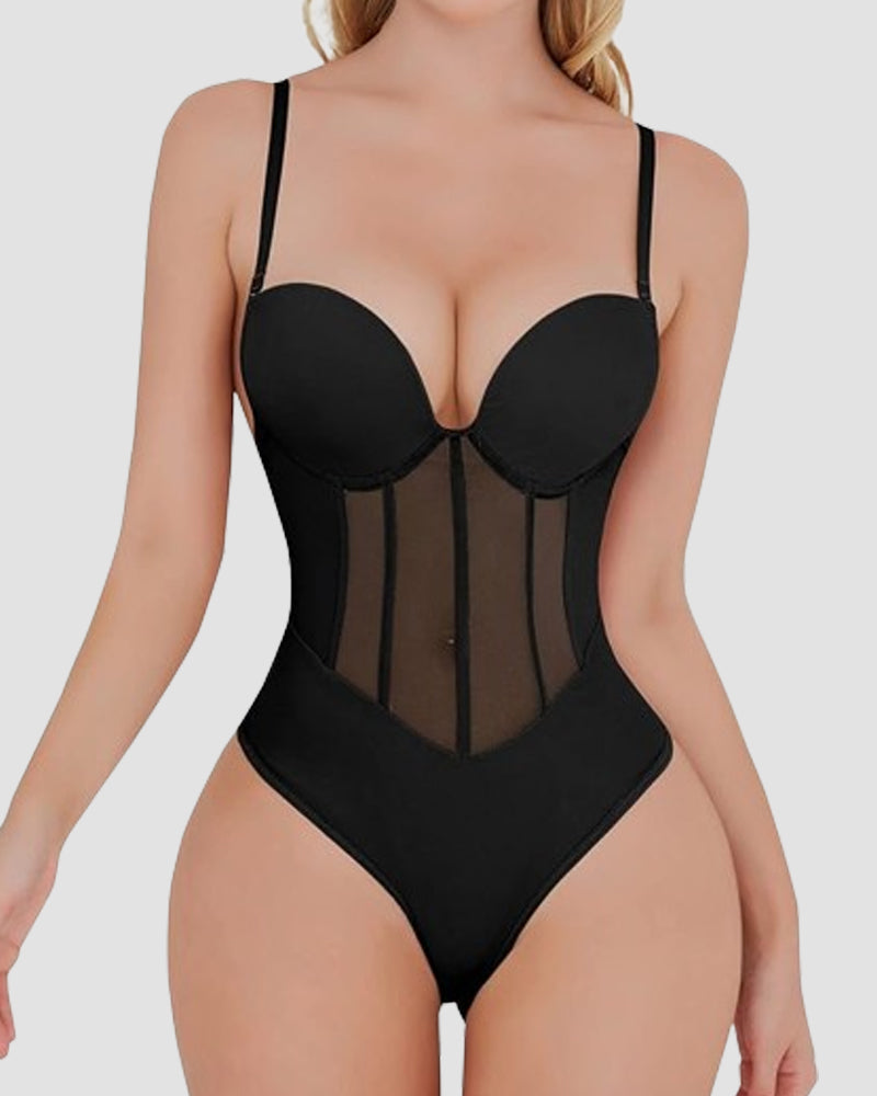 Corsé Sexy de Malla Moldeadora Body Sin Espalda con Tanga y Sostén Incorporado