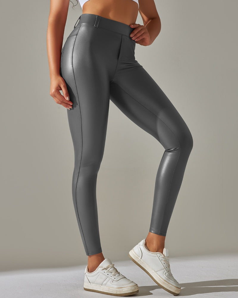 Pantalones de cuero PU de cintura alta ajustados para deportes y yoga slim