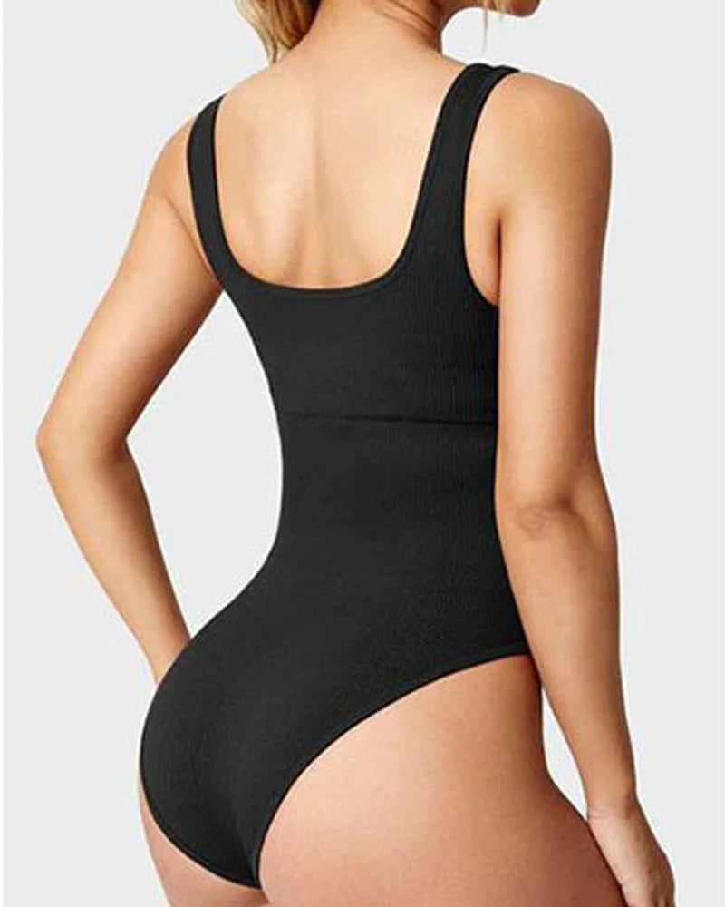 Body de Moldeador Femenino Sexy Sin Mangas con Cuello Cuadrado y Diseño Acanalado