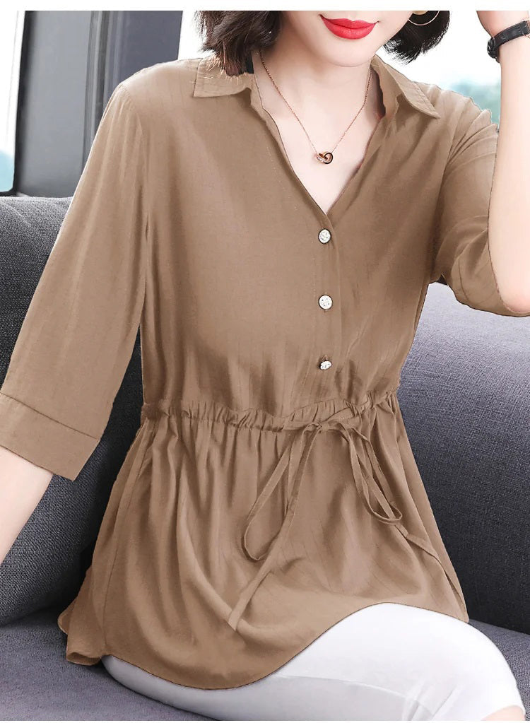 Camisa holgada con cuello en V de longitud media para mujer
