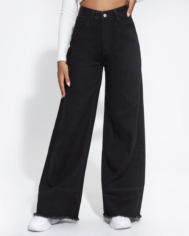 Jeans de pierna ancha, cintura alta, parche, borde sin terminar, pantalones sueltos