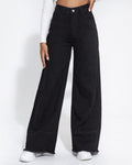 Jeans de pierna ancha, cintura alta, parche, borde sin terminar, pantalones sueltos