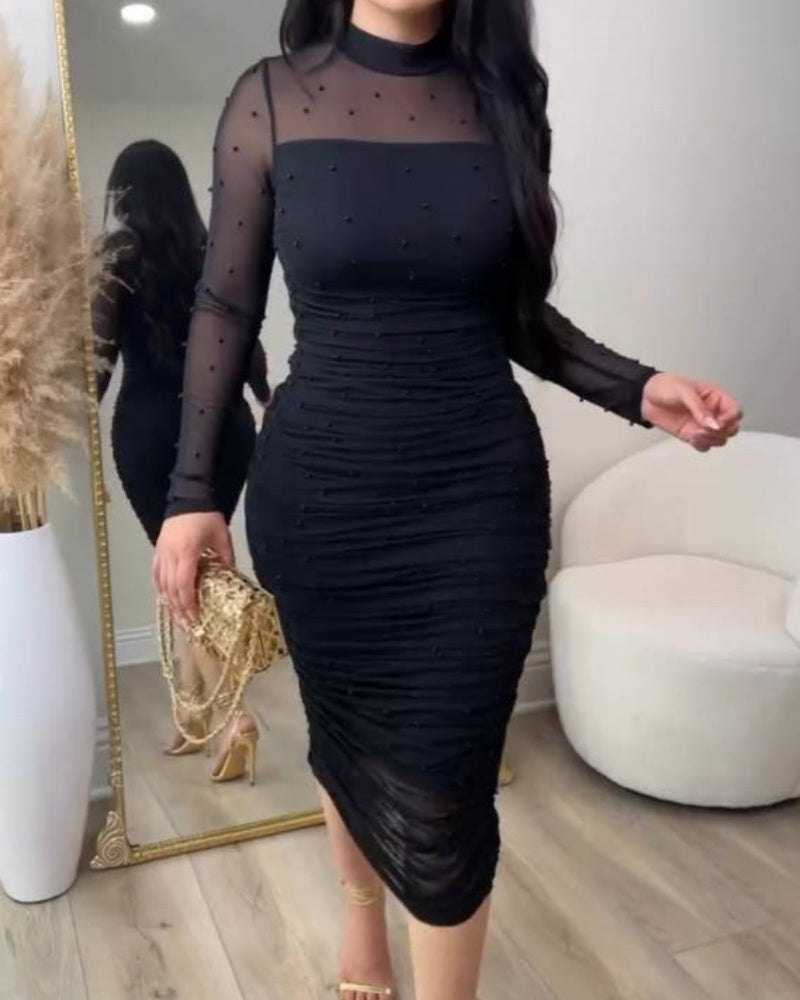 Vestido Midi Ajustado con Paneles de Malla Elegante, Fruncido y Cuello Simulado
