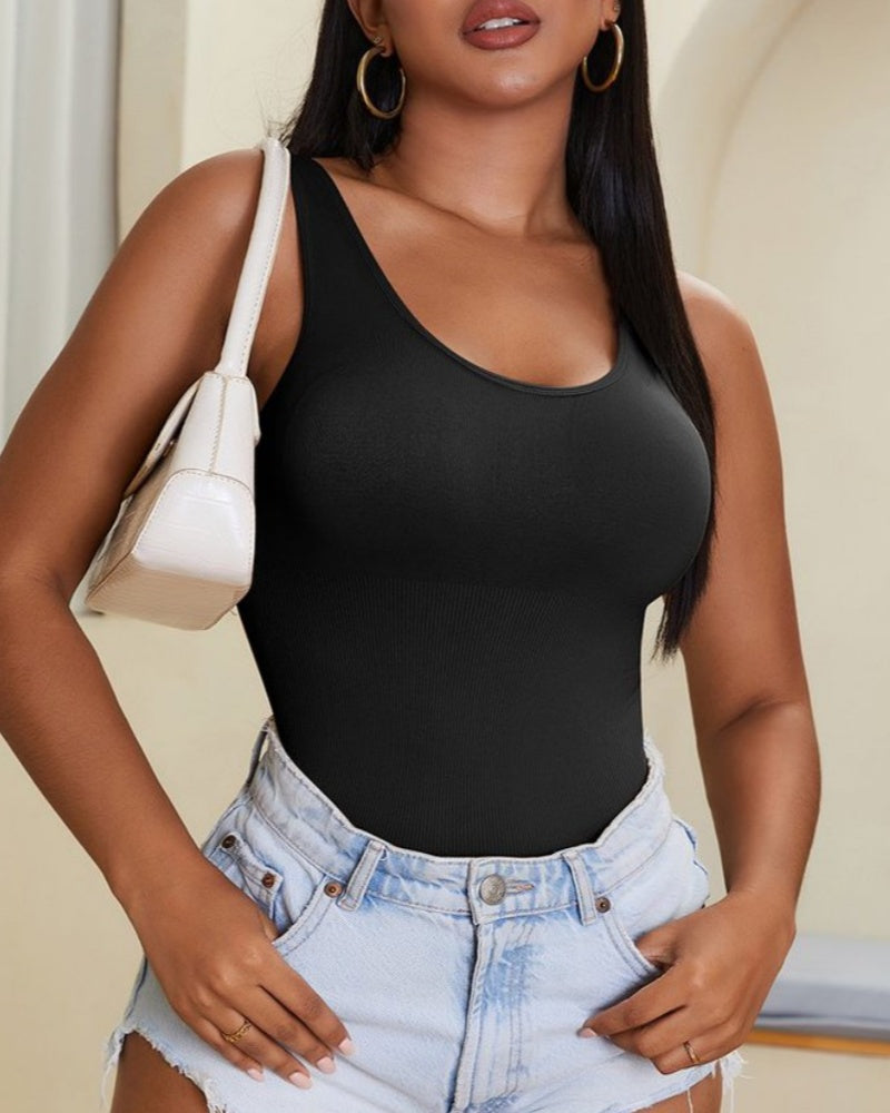 Body de control de abdomen con tiras tipo tanga y escote en U, estilo sexy