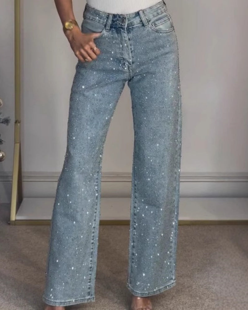 Jeans de mezclilla de pierna recta para mujer con adornos de pedrería de moda
