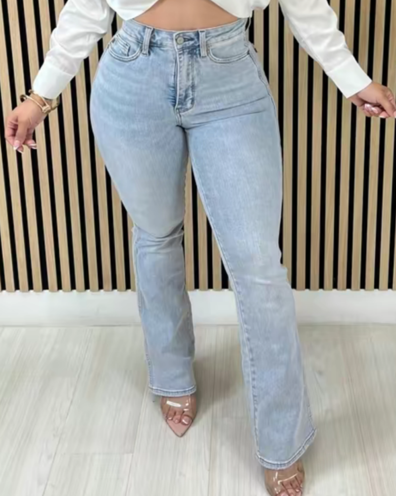 Jeans Acampanados de Cintura Alta Lavados con Control de Abdomen Elegantes