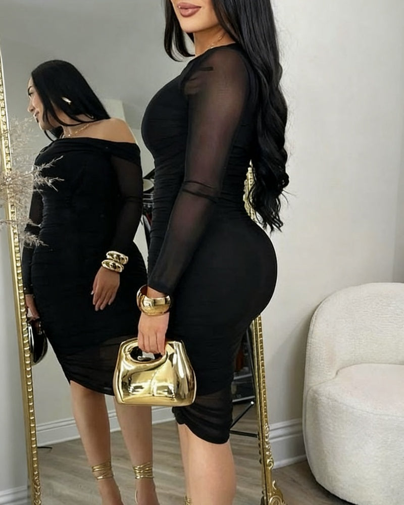 Vestido Midi Ajustado de Malla con Cuello Inclinado Elegante y Mangas Largas