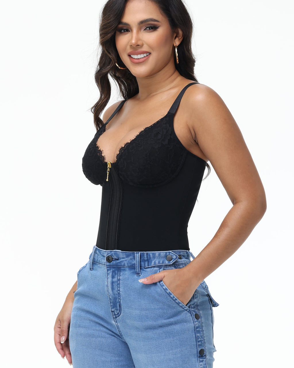 Shapshe® Top Corset de Encaje con Escote en V Profundo, Cinturilla Entrenadora con Cierre Frontal