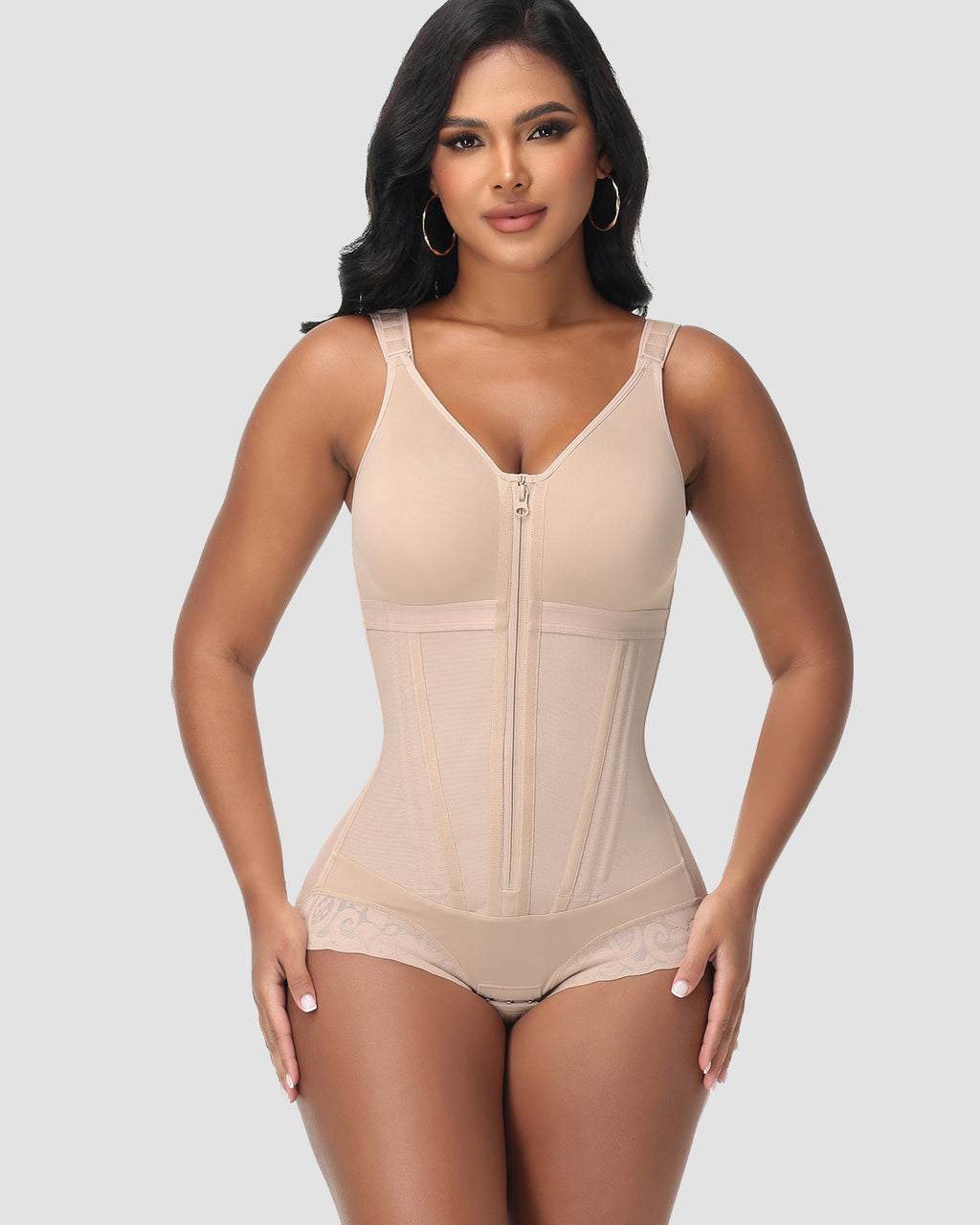 Body con Cremallera Moldeador de Abdomen en Forma de Reloj de Arena de Malla Power de Doble Capa con Sostén