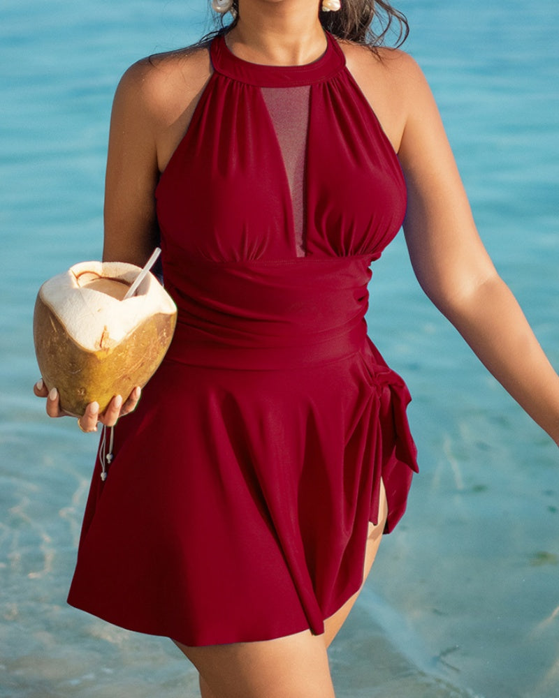 Traje de baño de talla grande con cuello halter, panel de malla, control de abdomen y lazo lateral