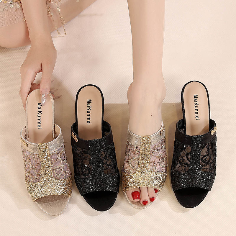 Sandalias de Tacón Encaje Brillante Aura Jazz Horizonte, Elegancia Cómoda Para Todo el Día