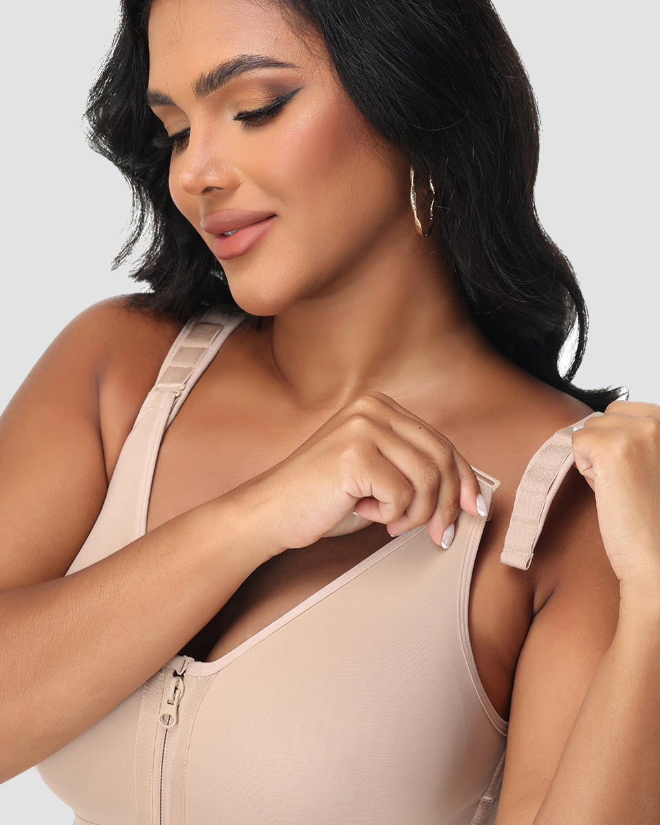 Body con Cremallera Moldeador de Abdomen en Forma de Reloj de Arena de Malla Power de Doble Capa con Sostén