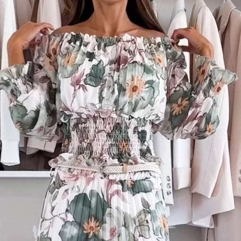 ⏰🔥 ¡50% DE DESCUENTO POR TIEMPO LIMITADO! 🌸 Conjunto de Dos Piezas – Top Floral con Hombros Descubiertos y Falda Larga para un Look Elegante y Romántico ✨💃