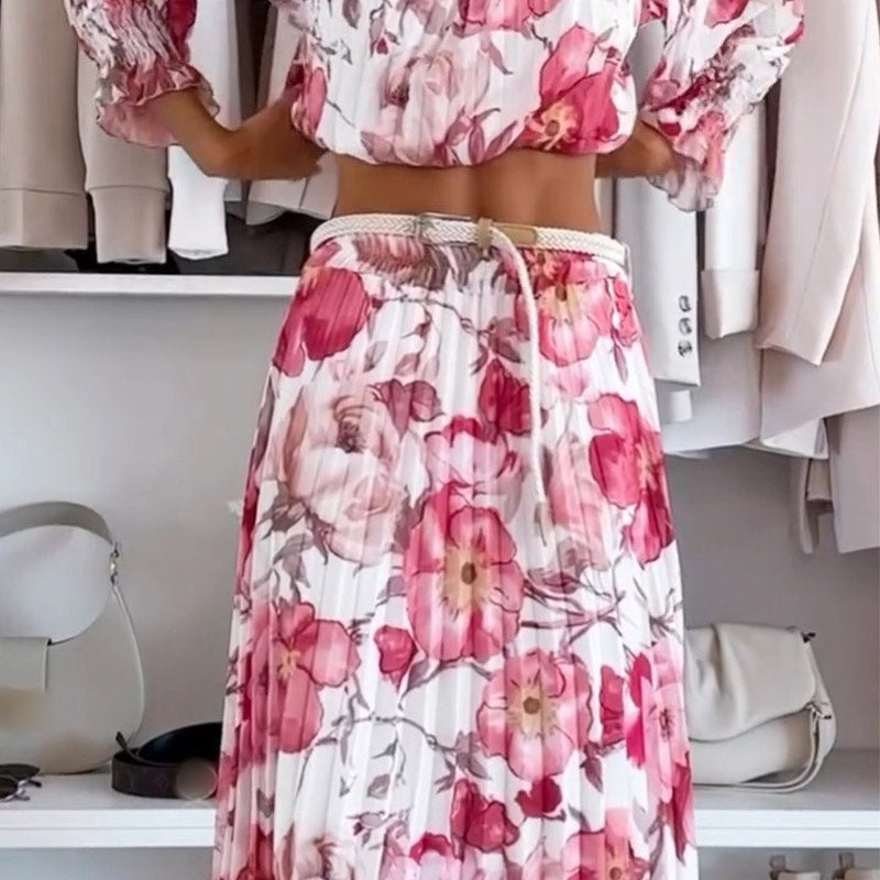 ⏰🔥 ¡50% DE DESCUENTO POR TIEMPO LIMITADO! 🌸 Conjunto de Dos Piezas – Top Floral con Hombros Descubiertos y Falda Larga para un Look Elegante y Romántico ✨💃