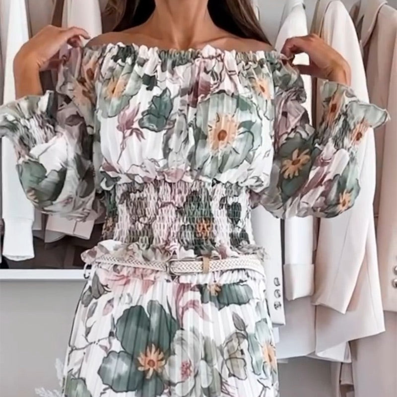 ⏰🔥 ¡50% DE DESCUENTO POR TIEMPO LIMITADO! 🌸 Conjunto de Dos Piezas – Top Floral con Hombros Descubiertos y Falda Larga para un Look Elegante y Romántico ✨💃