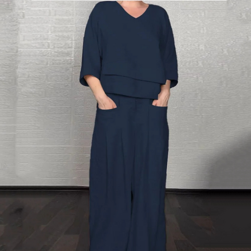 ⏰ ¡Oferta Limitada 50% OFF! 💎 Set de 2 Piezas de Algodón y Lino – Camiseta de Escote en V + Pantalones de Pierna Ancha, Transpirable y con Estilo Natural 🍂👚