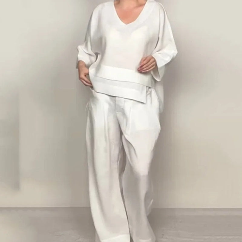 ⏰ ¡Oferta Limitada 50% OFF! 💎 Set de 2 Piezas de Algodón y Lino – Camiseta de Escote en V + Pantalones de Pierna Ancha, Transpirable y con Estilo Natural 🍂👚
