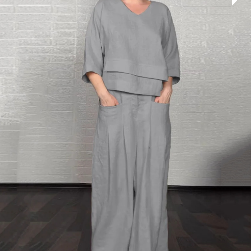 ⏰ ¡Oferta Limitada 50% OFF! 💎 Set de 2 Piezas de Algodón y Lino – Camiseta de Escote en V + Pantalones de Pierna Ancha, Transpirable y con Estilo Natural 🍂👚