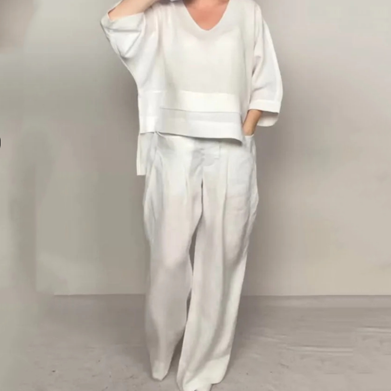 ⏰ ¡Oferta Limitada 50% OFF! 💎 Set de 2 Piezas de Algodón y Lino – Camiseta de Escote en V + Pantalones de Pierna Ancha, Transpirable y con Estilo Natural 🍂👚