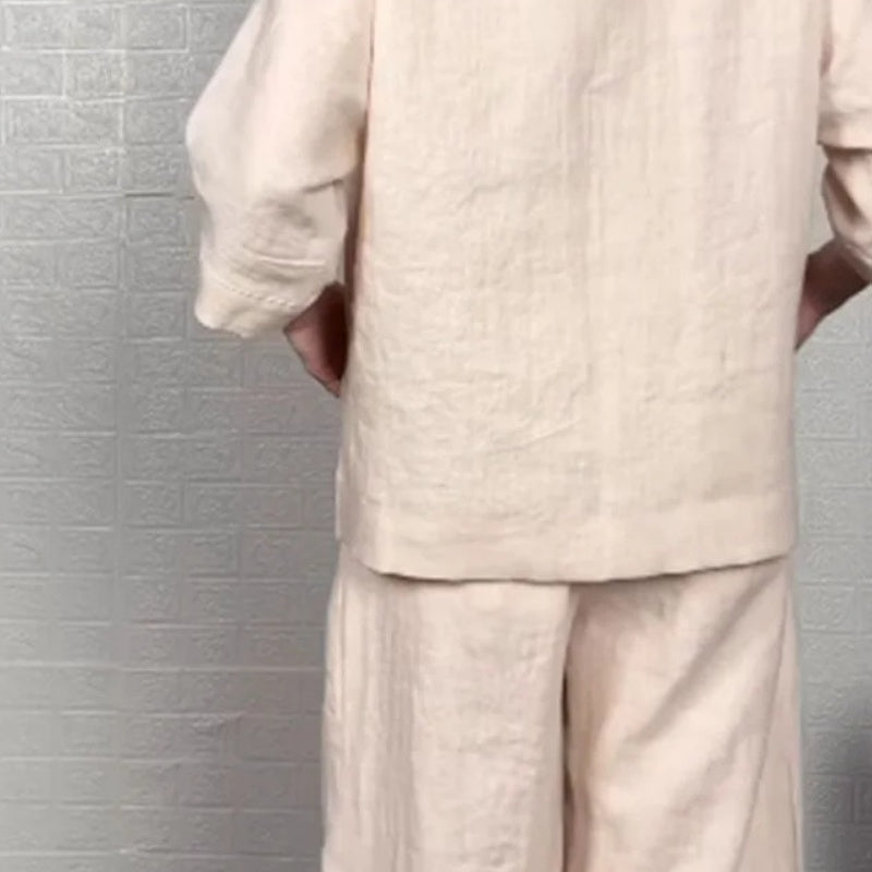 ⏰ ¡Oferta Limitada 50% OFF! 💎 Set de 2 Piezas de Algodón y Lino – Camiseta de Escote en V + Pantalones de Pierna Ancha, Transpirable y con Estilo Natural 🍂👚