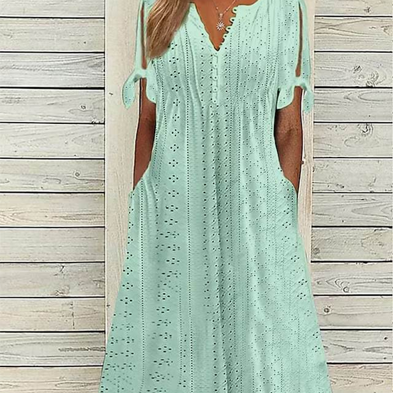 ⏰Rebajas de último día 50% de descuento💃Vestido elegante sólido cuello pico calado de mujer