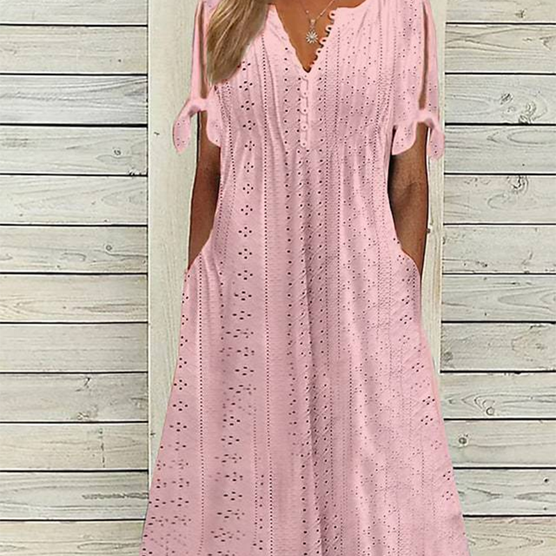 ⏰Rebajas de último día 50% de descuento💃Vestido elegante sólido cuello pico calado de mujer