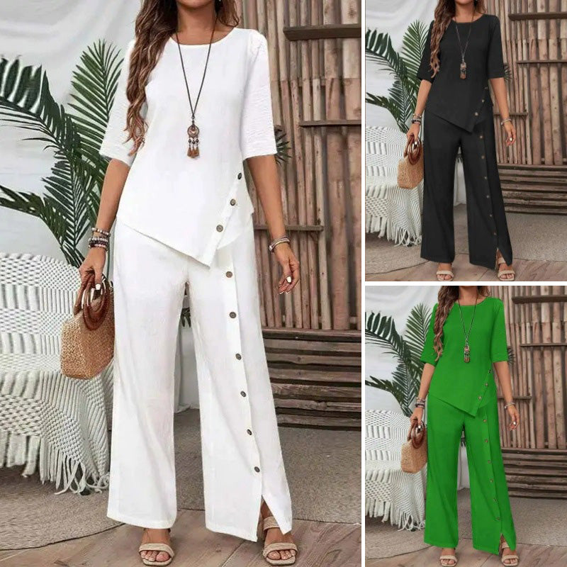 Top irregular + pantalones con botones decorativos: el look moderno que estabas buscando. 🔥