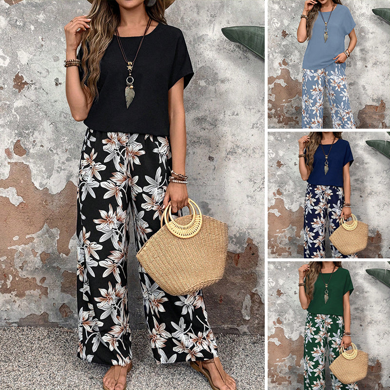 ⏰🔥 ¡50% DE DESCUENTO POR TIEMPO LIMITADO! 👚👖 Conjunto Casual de Mujer – Pantalón Ancho y Top de Manga Corta con Estampado Floral 🌸💖