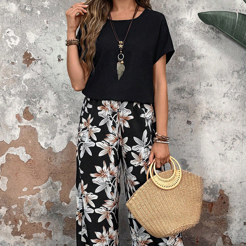 ⏰🔥 ¡50% DE DESCUENTO POR TIEMPO LIMITADO! 👚👖 Conjunto Casual de Mujer – Pantalón Ancho y Top de Manga Corta con Estampado Floral 🌸💖