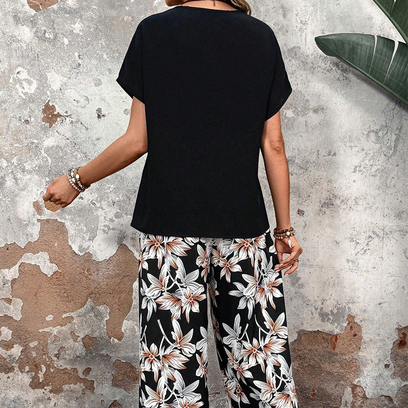 ⏰🔥 ¡50% DE DESCUENTO POR TIEMPO LIMITADO! 👚👖 Conjunto Casual de Mujer – Pantalón Ancho y Top de Manga Corta con Estampado Floral 🌸💖