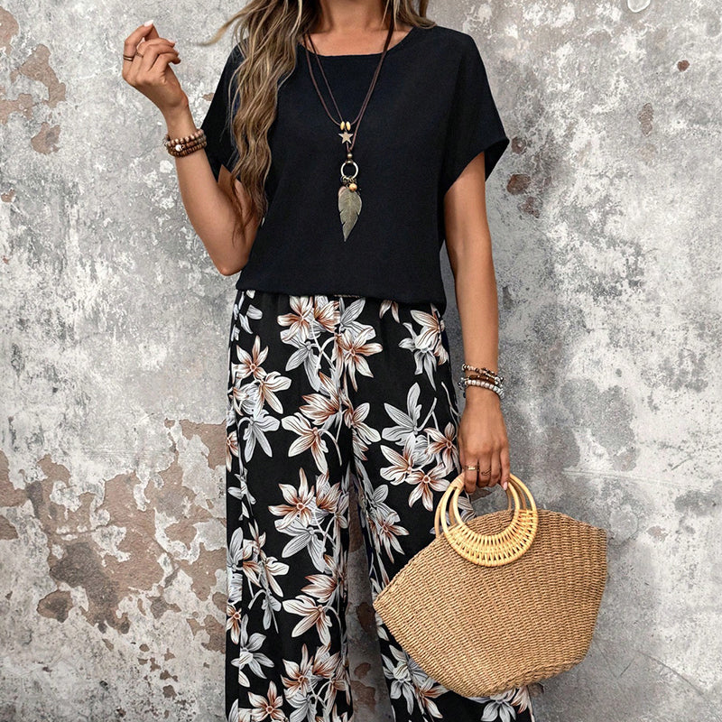 ⏰🔥 ¡50% DE DESCUENTO POR TIEMPO LIMITADO! 👚👖 Conjunto Casual de Mujer – Pantalón Ancho y Top de Manga Corta con Estampado Floral 🌸💖