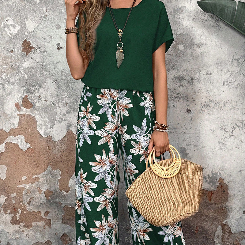 ⏰🔥 ¡50% DE DESCUENTO POR TIEMPO LIMITADO! 👚👖 Conjunto Casual de Mujer – Pantalón Ancho y Top de Manga Corta con Estampado Floral 🌸💖