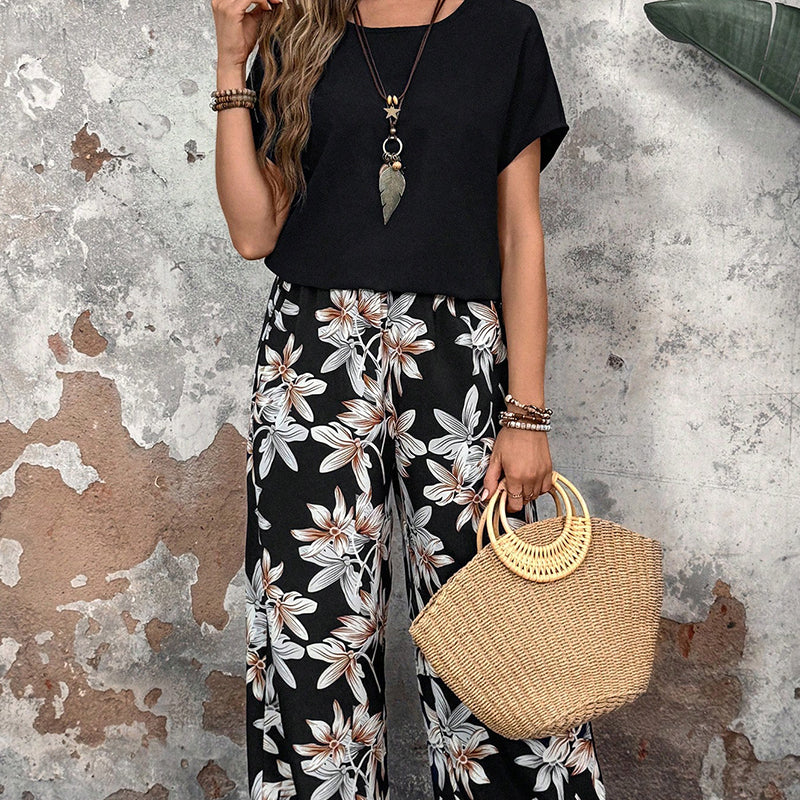 ⏰🔥 ¡50% DE DESCUENTO POR TIEMPO LIMITADO! 👚👖 Conjunto Casual de Mujer – Pantalón Ancho y Top de Manga Corta con Estampado Floral 🌸💖