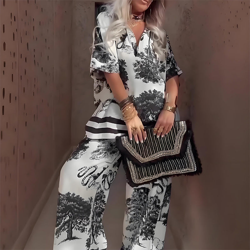 👚👖 Conjunto Casual de Mujer – Top de Cuello en V Estampado y Pantalones Largos, Estilo Cómodo y Moderno ✨💖