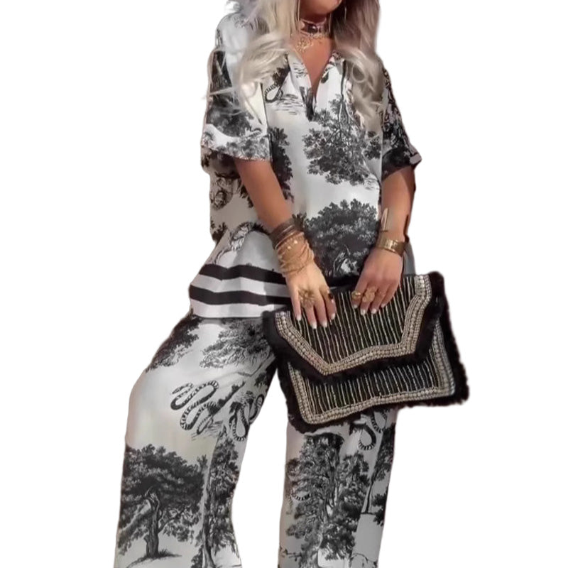 👚👖 Conjunto Casual de Mujer – Top de Cuello en V Estampado y Pantalones Largos, Estilo Cómodo y Moderno ✨💖