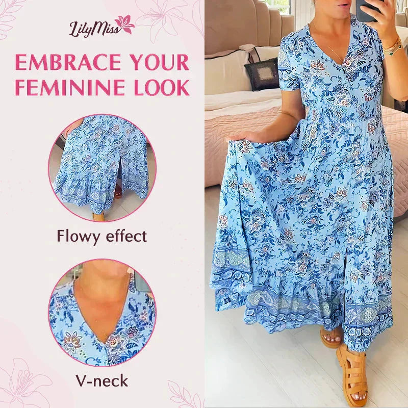 💃🌸 Vestido con Estampado Floral y Cuello en V – Elegancia Fresca y Estilo Perfecto para el Verano ☀️👗