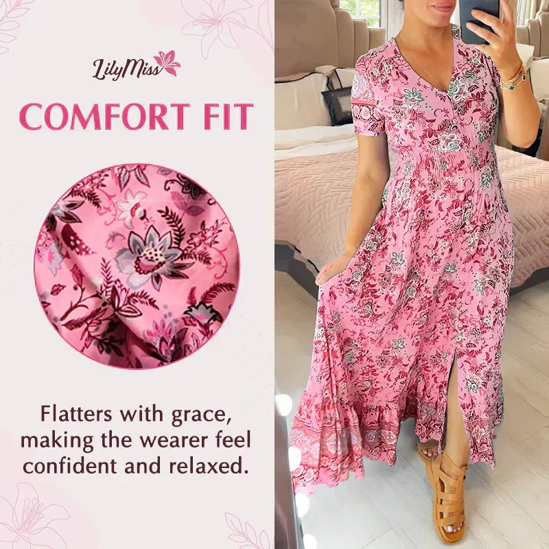 💃🌸 Vestido con Estampado Floral y Cuello en V – Elegancia Fresca y Estilo Perfecto para el Verano ☀️👗