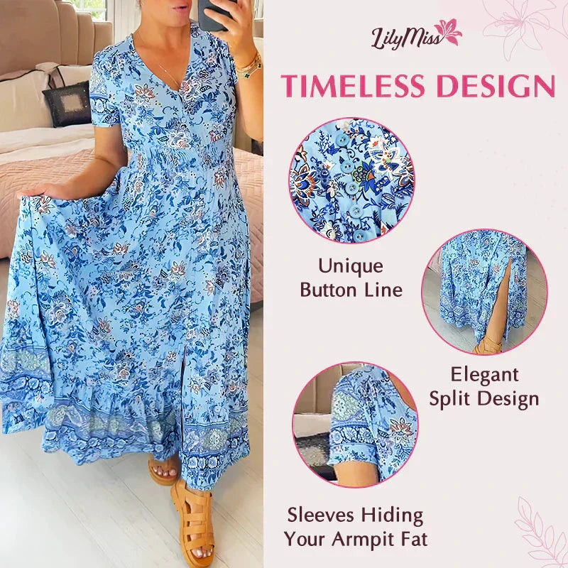 💃🌸 Vestido con Estampado Floral y Cuello en V – Elegancia Fresca y Estilo Perfecto para el Verano ☀️👗