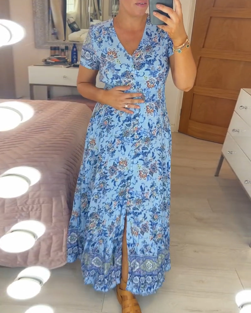 💃🌸 Vestido con Estampado Floral y Cuello en V – Elegancia Fresca y Estilo Perfecto para el Verano ☀️👗