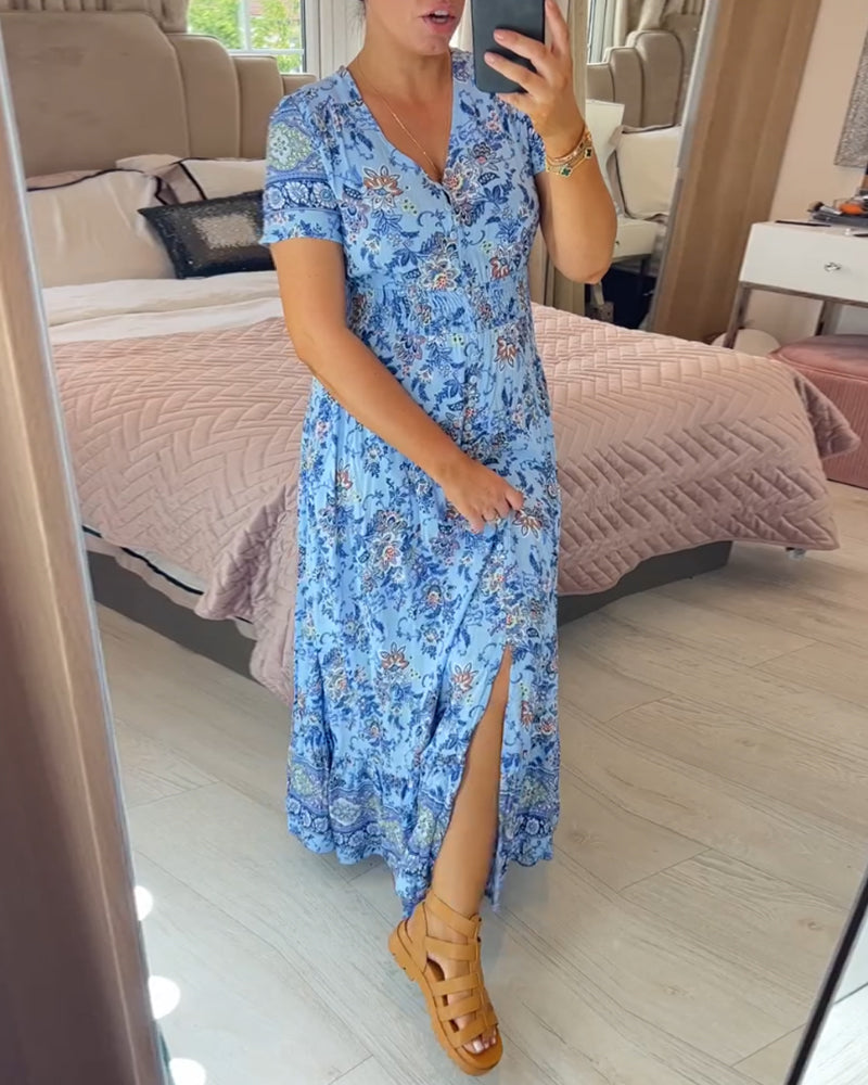 💃🌸 Vestido con Estampado Floral y Cuello en V – Elegancia Fresca y Estilo Perfecto para el Verano ☀️👗